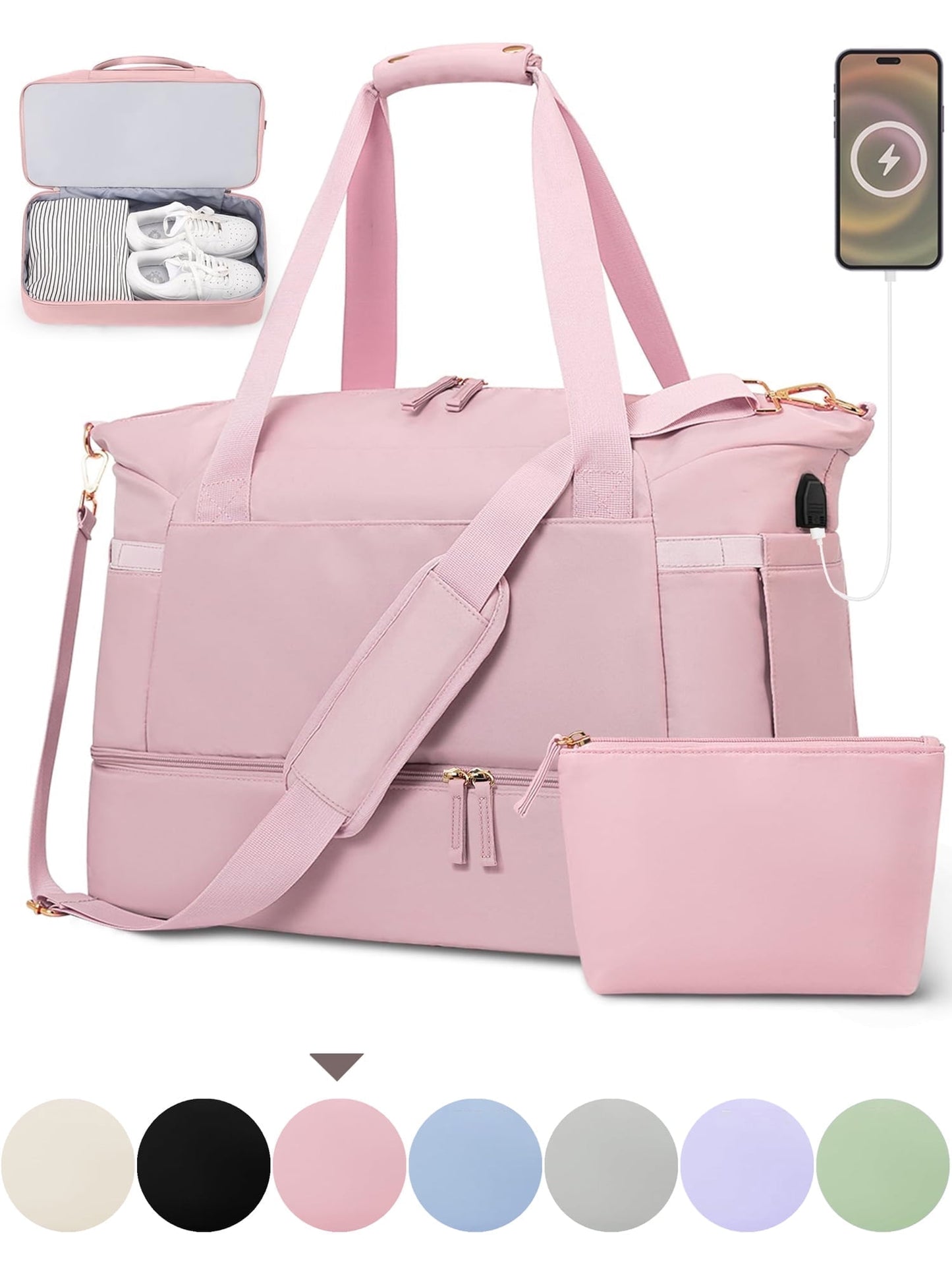 Travel Duffel Bag for Women Gym Bag with USB Charging Port Large Weekender Overnight Bag Yoga Duffle Bags with Wet Pocket and Shoes Compartment, Pink
